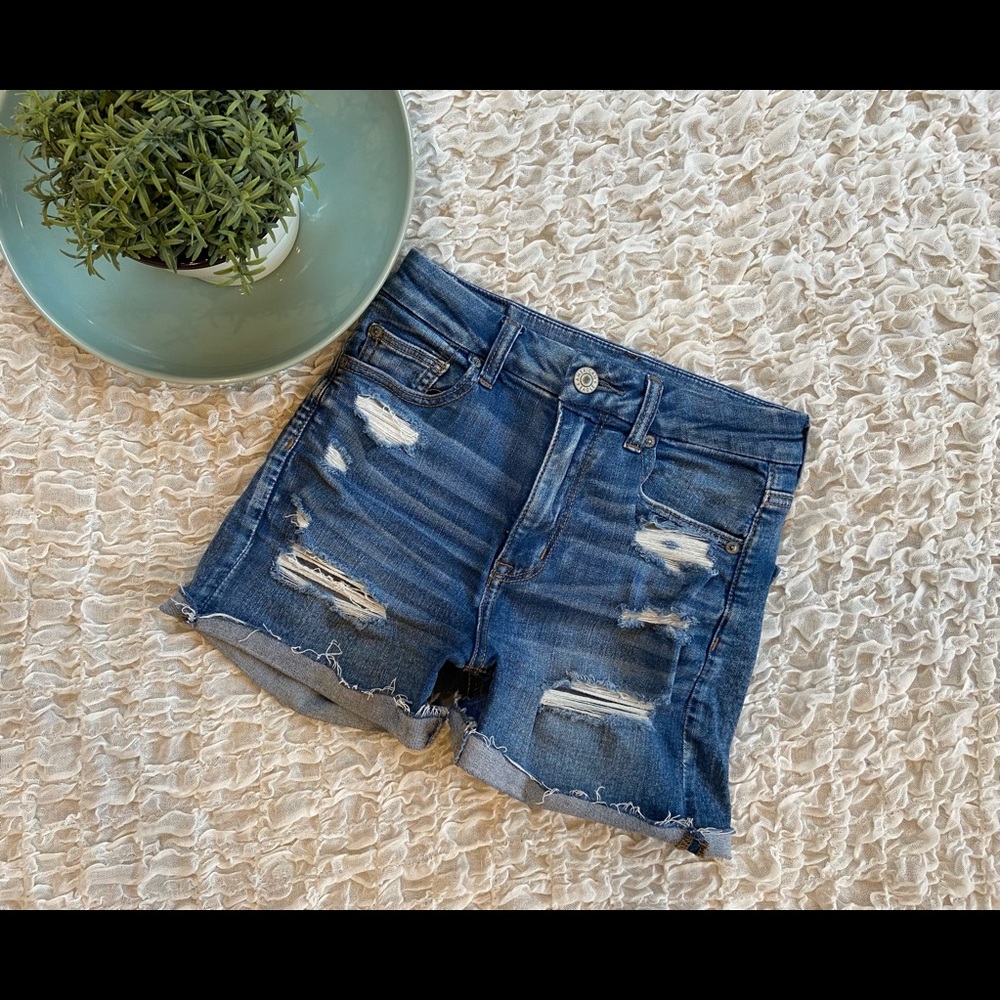 American Eagle Hi Rise Curvy Shortie Jeans Shorts Distressed Denim Cuffed Hem
